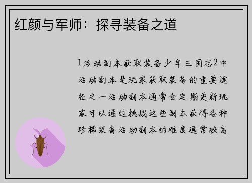 红颜与军师：探寻装备之道